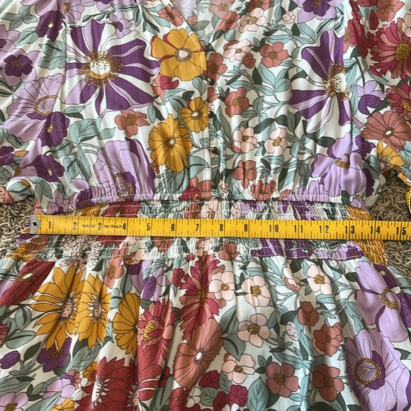 Polagram Midi Ruched Tiered 3/4 length sleeve Floral Multicolor Dress Size L - Picture 8 of 8